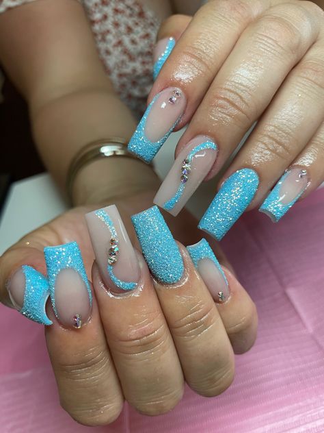 Ice Blue French Tip Nails, Blue French Tip With Gems, Blue French Tip Rhinestone Nails, Glitter French Tips Blue, Blue French Tip Nails Square With Gems, Light Blue French Tips With Gems, Denver Nails, Light Blue Glitter French Tip Nails, Sugar Glitter Nails