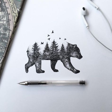 Pen & Ink Depictions of Trees Sprouting into Animals by Alfred Basha | Colossal Alfred Basha, Geometric Bear, Bear Tattoos, Forest Tattoos, Pen Illustration, Bear Tattoo, Bear Illustration, Mountain Tattoo, Wolf Tattoos