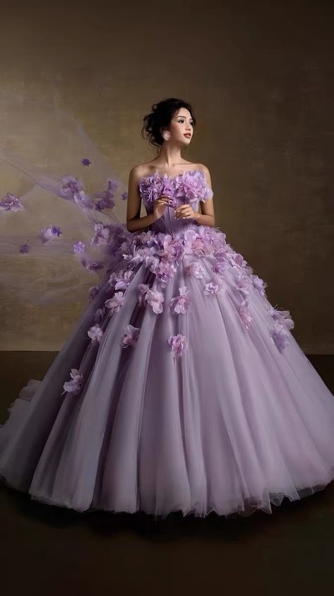 Purple Ball Gown Princesses, New Frock Designs Dresses, Rose Inspired Dress, Purple Gown For Debut, Long Gown Ideas, Recycled Gown, Asian Prom Dress, Disney Princess Inspired Dresses, Pretty Gowns