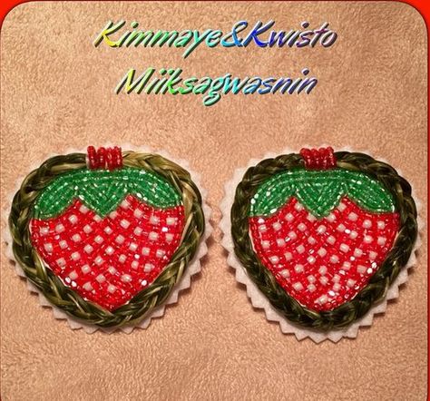 Kim and Christal Ratt -- sweet grass beaded strawberry earrings Strawberry Beadwork, Anishinaabe Art, Beaded Strawberry Earrings, Beaded Berries, Beaded Strawberry, Beaded Mandala, Strawberry Stuff, Quilled Earrings, Beading Designs