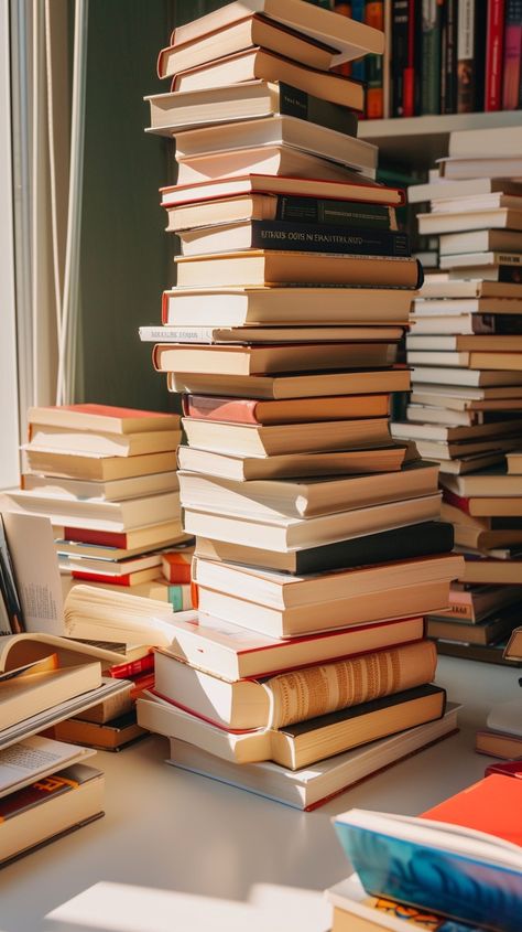 Literary Towering Piles: Towering piles of books casting their shadows in the warm sunlight by the window. #books #reading #literature #stacks #library #knowledge #education #sunlight #aiart #aiphoto #stockcake https://ayr.app/l/CE6G Stack Of Books Photography, Reading Lots Of Books, Piles Of Books Aesthetic, Library Aesthetic Background, Pile Of Books Aesthetic, Books Aesthetic Pics, Book Stacks Aesthetic, Book Piles, Knowledge Aesthetic