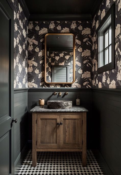 26+ Moody Bathroom Ideas That Are Elegant & Dreamy (2024) Water Closet Wall Ideas, Bathroom With One Black Wall, Black Moody Powder Room, Tall Powder Room, Moody Powder Room With Wallpaper, Powder Room With Dark Vanity, Dark Moody Half Bathroom, 1930s Powder Room, Black And White Tile Powder Room