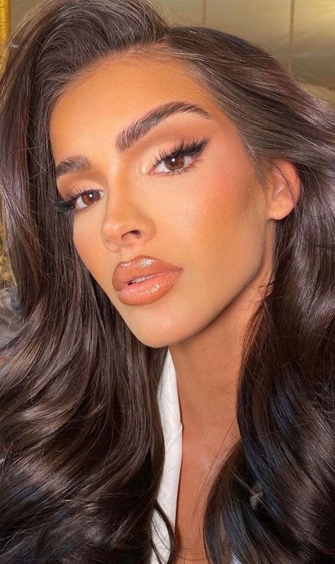 Makeup Looks Semi Formal, Glamorous Half Up Half Down Hair, Bridal Makeup For Hooded Eyes Brown, Neutral Glam Makeup Brown Eyes, Brown Waterline Makeup, Brown Natural Makeup, Classy Makeup Elegant, Nude Glam Makeup, Extreme Make-up