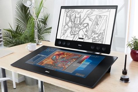 Dell Canvas 27-Inch Drawing Tablet Cintiq Workspace, Artist Workspace, Digital Drawing Tablet, Surface Studio, Canvas Display, Art Studio Space, Computer Desk Setup, Art Studio Room, Wacom Cintiq