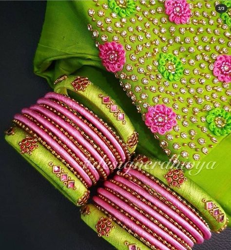 Tread Bangles, Diy Bangles, Diy Hair Accessories Tutorial, Silk Thread Earrings Designs, Fancy Bangles, Fabric Bangles, Hair Accessories Tutorial, Maggam Blouse, Silk Thread Bangles Design