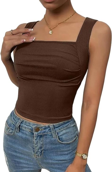 VIDUSSA Women's Casual Vest Tops Plain Square Neck Sleeveless Crop Shirt Blouse Square Neck Tank Top, Crop Cami Top, Big Bust, Square Neck Top, Lovely Tops, Casual Vest, Cropped Cami, Cami Crop Top, Current Fashion Trends