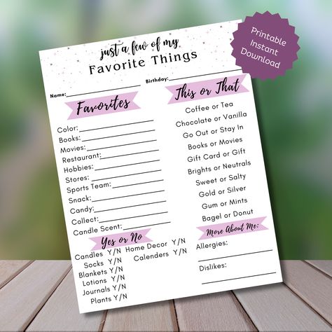 This "A Few of My Favorite Things" Survey/questionnaire is perfect to use when buying gifts for your co-workers, teachers, family, and anyone else you need to purchase a gift for but unsure what to get them. Favorite Things Survey, Survey Questionnaire, Tea And Books, All About Me, All About Me!, My Favorite Things, Gift Store, Labels & Tags, Teacher Appreciation