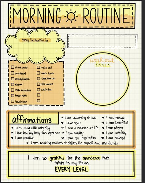 Digital bullet journal morning routine Morning Routine Goodnotes, Bujo Morning Routine Page, Dot Grid Journal Ideas Daily, Daily Routine Journal Ideas, Diares Ideas, Bujo Affirmations Page, Journal Routine Ideas, Morning Routine Journal Page, Morning Routine Journal Ideas