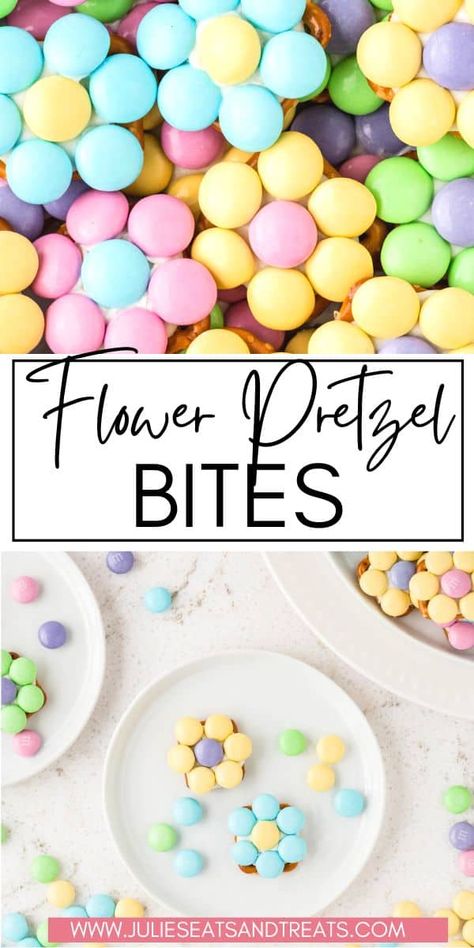 Cute and easy Flower Pretzel Bites are a delicious snack for spring and Easter. With only 3 ingredients these pretzel bites can't get easier. They are the perfect sweet and salty combination! Flower Pretzel Bites, Recipes With Few Ingredients, Easter Brunch, Homemade Desserts, Few Ingredients, Afternoon Snacks, Easter Recipes, Pretzel Bites, Sweet And Salty