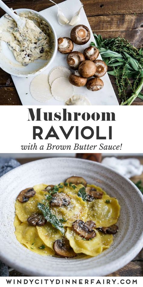 Ravioli With Brown Butter Sauce, Wild Mushroom Ravioli, Sage Brown Butter, Ravioli Filling, Mushroom Ravioli, Brown Butter Sauce, Homemade Ravioli, Ravioli Recipe, Roasted Walnuts