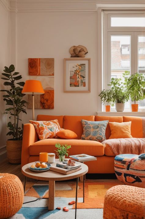 Peach Color Living Room, Couch Against Wall Living Rooms, Orange Couch Living Room Ideas, Orange Couch Living Room, Living Room Retro, Orange Couch, Color Palette Living Room, Orange Sofa, Couch Living Room