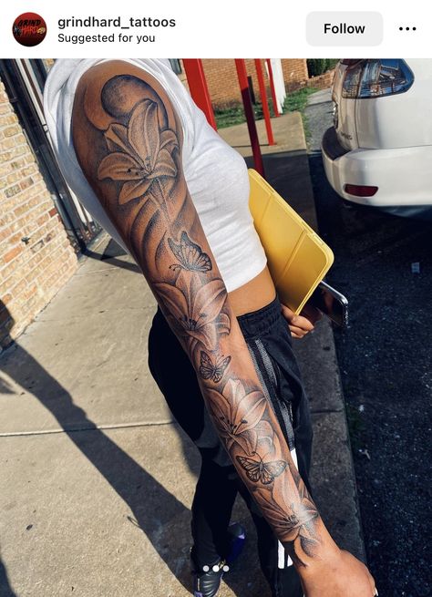 Whole Tattoo Sleeve, Women’s Full Arm Sleeve Tattoo Ideas, Full Sleeve Tattoo Design Sketch, Outer Sleeve Tattoo, Tatto Sleeves Girl, Khia Monique Tattoo, Women’s Full Sleeve Tattoos, Girl Sleeve Tattoo Black Women, Lower Leg Sleeve Tattoos Female