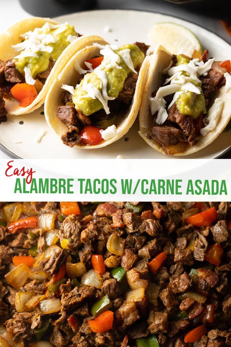 Steak And Potato Tacos, Mexican Alambre Recipe, Baked Fajitas Steak, Oven Beef Fajitas, Alambre Recipe, Oven Baked Steak Fajitas, Steak Alambre, Air Fry Fajita Steak, Street Carne Asada Tacos