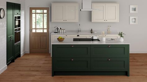 Elmbridge Fir Green Kitchen | Fitted Kitchens | Howdens Green Kitchen Inspiration, Shaker Drawer Fronts, Shaker Interior, Howdens Kitchens, Fitted Kitchens, Mdf Doors, Painted Drawers, Cabinet Style, Timber Construction