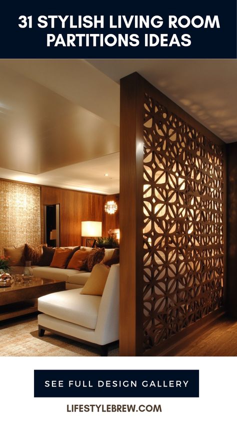 A collection of 31 stylish living room partition ideas featuring modern designs, unique dividers, and effective space solutions to inspire your home decor. This pin uses 1 image. Living Room Screen Divider, Wall Dividers Ideas Small Spaces, Room Partitions Ideas, Tv Room Divider, Living Room Partitions, Partitions Design, Partitions Ideas, Room Partitions, Partition Designs