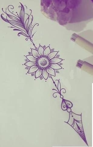 Arrow Sister Tattoo Ideas, Sunflower Tattoo Add On, Arrow With Sunflower Tattoo, Daisy Arrow Tattoo, Sunflower Arrow Tattoos For Women, Feather Arrow Forearm Tattoo Women, Feather And Sunflower Tattoo, Pretty Arrow Tattoos For Women, Arrow And Sunflower Tattoo