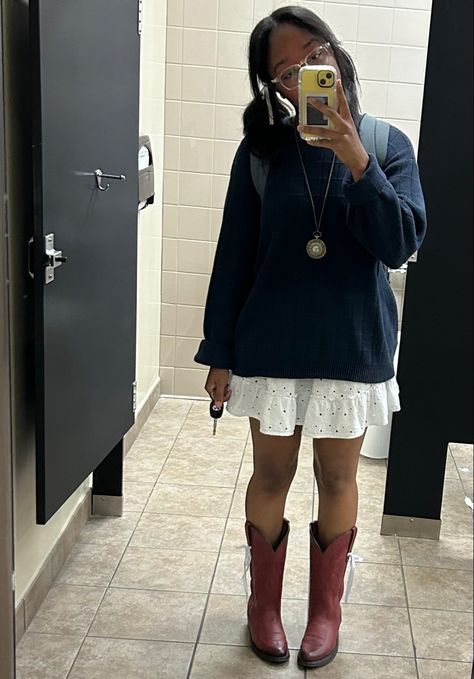 Cowboy Boots Skirt Outfit Winter, Sweater Over Short Dress Outfit, Cow Girl Boots Outfit Skirt, Red Cowgirl Boots Outfit Winter, Cowgirl Boots Outfit Winter, Winter Cowboy Boots Outfit, Red Cowgirl Boots Outfit, Cowboy Boots Outfit Fall, Cowboy Boots Outfit Winter