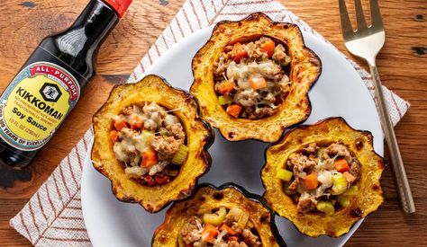 Ground Turkey Stuffed Acorn Squash Recipe - Kikkoman® Home Cooks Stuffed Acorn Squash Ground Turkey, Acorn Squash Ground Turkey, Ground Turkey Squash Recipes, Ground Turkey Acorn Squash, Ground Turkey Stuffed Acorn Squash, Ground Turkey Stuffing, Turkey Stuffed Acorn Squash, Zepbound Diet, Acorn Squash Recipes Healthy