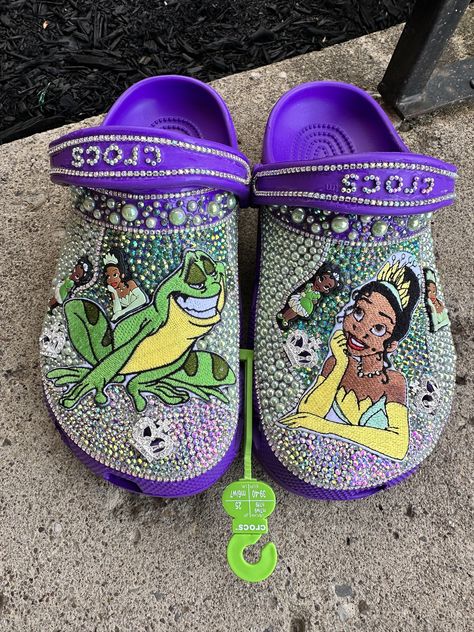 Custom princess and the frog/princess Tiana crocs for Adults, youth and toddlers. Princess And The Frog Sweet 16 Shoes, Princess Tiana Birthday Outfit, Princess And The Frog Custom Shoes, Tiana Inspired Outfits, Tiana Princess And The Frog, Princess And The Frog Quince, Princess Tiana Gifts, Princess Tiana Birthday Shirt, Princess Sweet 16