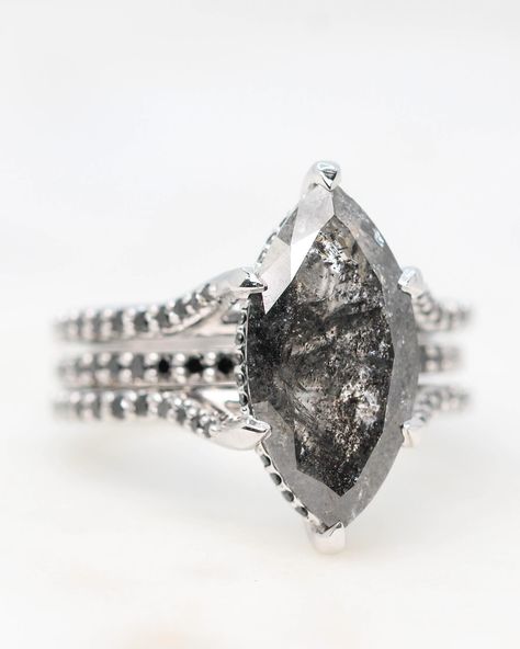 We customized an Ariel Setting to fit this 3.70 carat Marquise Salt and Pepper Diamond and added a matching Wedding Band. All with Black Accent Diamonds. Custom for a client. Pepper Diamond, Salt And Pepper Diamond, Wedding Matches, Black Accents, Ariel, Salt And Pepper, Wedding Band, Wedding Bands, Salt