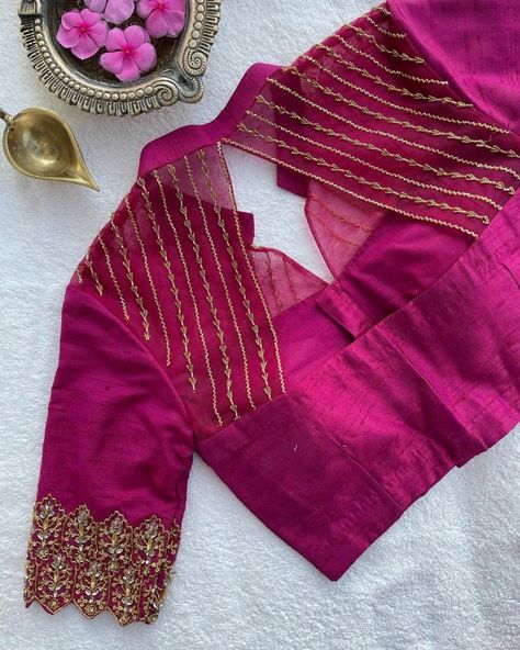 Blouse Designs Net, Simple Wedding Blouse Designs, Net Blouse Designs, Aari Work Embroidery, Patchwork Blazer, Choli Blouse Design, Long Blouse Designs, Blouse Designs High Neck, Net Blouse