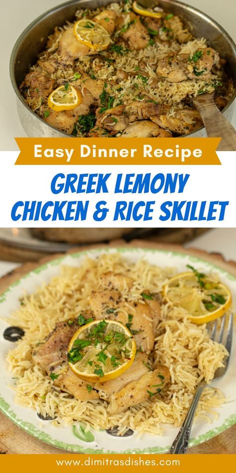 This one-pot lemony chicken & rice skillet is full of Greek flavor. Perfect easy dinner recipe for busy weeknights! Greek Chicken And Rice, Chicken And Rice Skillet, Chicken And Rice Dinner, Chicken Rice Skillet, Greek Recipes Easy, Greek Rice, Lemony Chicken, Dinner Suggestions, Greek Recipes Authentic