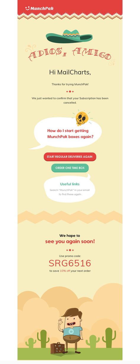 Subscription cancelled Email Example - MunchPak - MunchPak Cancellation Confirmation - #SubscriptionCanceled #EmailDesign - View 100s of subscription cancelation email templates and examples with MailCharts! Newsletter Examples, Email Examples, Email Design, Email Templates, Email Campaign, Start Writing, Email Marketing, Promo Codes, Coding