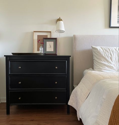 Bedroom With Oversized Nightstands, Oversized Nightstand Modern, Dressers As Nightstands, Black Nightstand With Brown Dresser, Oversized Nightstand, Large Dark Bedside Tables, Black Antique Nightstand, Townhome Decorating, Ikea Nightstand