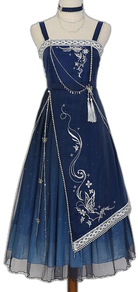 Blue Witch Dress, Fantasy Outfits Blue, Acotar Outfits, Blue Fantasy Dress, Starry Clothes, Dark Blue Midi Dress, Clothing Fancy, Celestial Dress, Midnight Blue Dress