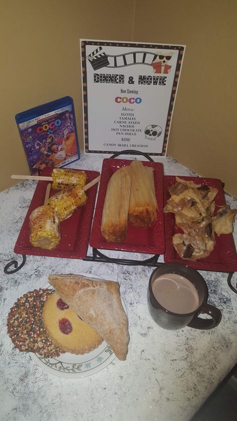 Coco movie night Coco Movie Food Ideas, Coco Movie Night, Movie Night Food Ideas, Disney Movie Night Snacks, Family Movie Night Snacks, Themed Dinners Ideas, Disney Movie Night Menu, Disney Themed Movie Night, Disney Movie Night Food