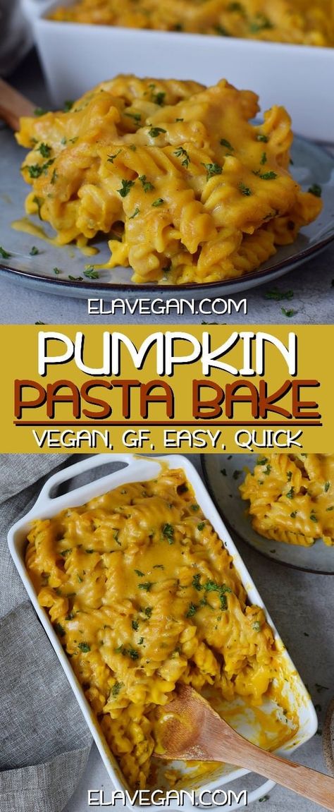 Creamy Pumpkin Pasta Bake, which is cheesy and delicious! This easy-to-make pasta casserole is a great vegan weeknight dinner with wholesome ingredients. The recipe is meat-free, vegetarian, dairy-free, plant-based, oil-free, and can be made gluten-free. Easy To Make Pasta, Pumpkin Pasta Bake, Vegan Casserole Recipes, Creamy Pumpkin Pasta, Vegan Pasta Bake, Pumpkin Recipes Dinner, Canned Pumpkin Recipes, Pasta Bake Easy, Vegan Casserole