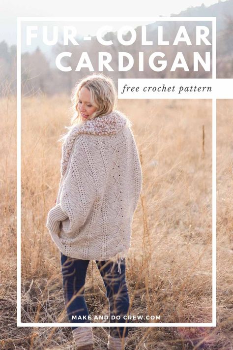 Woman standing a field of natural grasses wearing a crochet cardigan sweater with a lace rope detail running down the back. Cocoon Cardigan Pattern, Oversized Cardigan Pattern, Crochet Coats, Diy Cardigan, Crochet Cardigan Free, Crocheted Stuff, Crochet Cocoon, Crochet Sweater Free, Make And Do Crew