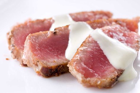 Seared Ahi Tuna with Wasabi Cream Wasabi Cream Sauce, Seared Ahi Tuna Recipe, Ahi Tuna Recipe, Seared Ahi Tuna, Wasabi Sauce, Seafood Sushi, South Beach Diet Recipes, Tuna Recipe, Seared Ahi