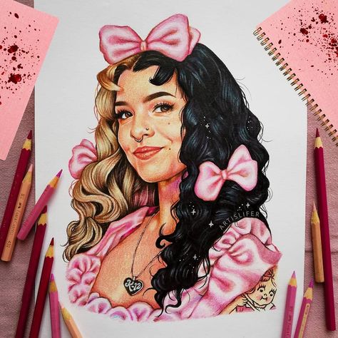 K-12 inspired drawing of @littlebodybigheart 💜🍭 I used Faber castell classic color pencil x fabriano.  Notebook and bloodstain edited using… Melanie Martinez Anime, Melanie Martinez Songs, Portals Tour, Melanie Martinez Drawings, Beanie Boo, Book Drawing, Guy Drawing, Drawing Images, Color Pencil