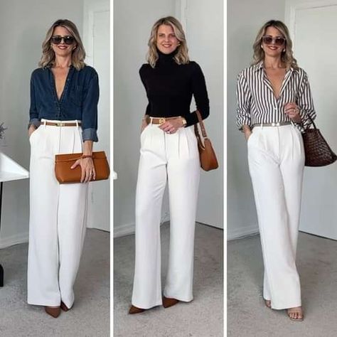 Mrs.blondebrainsandbirkins White Trousers Office Outfit, White Pants Outfit Women Classy, Work Outfit White Pants, White Pants Work Outfit Summer, White Wide Leg Pants Outfit Work, White Travel Outfit, White Slacks Outfit Work, White Pants Formal Outfit, How To Style White Trousers