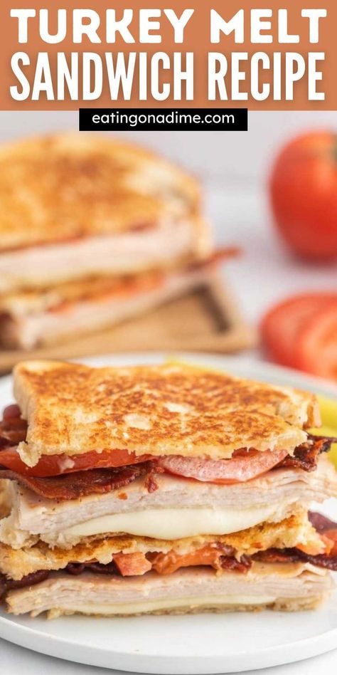 Turkey And Cheese Sandwich Recipes, Turkey Bacon Melt, Turkey Melt Recipe, Crockpot Turkey Sandwiches, Turkey Bacon Melt Sandwiches, Turkey Melts In Oven, Turkey And Bacon Sandwich, Turkey Bacon Swiss Sandwiches, Turkey And Ham Sandwiches