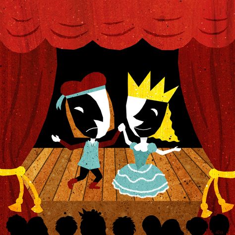 Commission for the Bristol Greeters for a giveaway/voucher online on their Twitter, Instagram, homepage +++ Illustration by Daniela Faber 2019 +++ theatre theater curtain stage bühne buehne shakespeare performance acting actors prince princess lady lord audience masks mime pantomime Theater Stage Illustration, Theatre Curtains Drawing, Acting Illustration, Shakespeare Performance, Actor Illustration, Theater Drawing, Theater Illustration, Theatre Poster Design, Stage Illustration