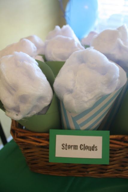 storm clouds -- cotton candy -- "Weather Rocks!" party; Center for Puppetry Arts, Atlanta, GA Tornado Themed Snacks, Tornado Centerpiece, Twister Movie Themed Party, Twister Themed Party, Twonado Birthday Party Food, Tornado Birthday Party Ideas, Weather Party Theme, Fournado Birthday Party Girl, Tornado Birthday Party Decorations