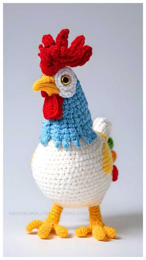 Rooster Amigurumi Free Pattern, Free Crochet Rooster Patterns, Crocheted Rooster Pattern, Crochet Pattern For Chicken, Crochet Roster, Rooster Crochet Pattern Free, Knitted Chickens Free Pattern, How To Crochet A Chicken, Crochet Hen Pattern Free