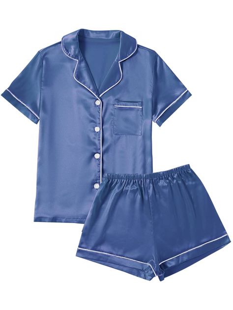 PRICES MAY VARY. Material: Pajama set is made of Premium 95%Polyester+5%Spandex satin fabric.Ultra soft silk pajamas for women, lightweight and Skin-friendly. Features: 2 Piece Pajama Set featuring classic sleepwear style.Short sleeve sleepwear with notch collar,button front pajamas shirt and one chest pocket design. Pajama shorts for women with soft elastic waist that fits for any body size and makes relaxing as comfort as possible. Match: Casual nightwear but in fashion way! You really need pa Pijama Satin, Silk Pj Set, Pajamas Shirt, Satin Pajamas Set, Pijamas Women, Silk Pjs, Satin Pjs, Silk Pajamas Women, Cute Pjs