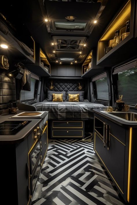 Stylish industrial black grey and gold campervan interior showcasing a blend of luxury and comfort. Perfect for road trip adventures and nomadic living. Black And Gold Camper Interior, Black Campervan Interior, Black Caravan Interior, Modern Van Interior, Bus Motorhome Interior, Luxury Camper Van Interior, Black Rv Interior, Van Bathroom Ideas, Luxury Rv Interior