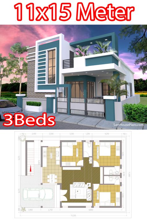 House Design 11x15 Meters 36x49 Feet 3 bedrooms Terrace roof One Bedroom House Design, Bedroom 3 Beds, Single Level House Plans, Terrace Roof, House Design Plans, 30x40 House Plans, Single Floor House Design, One Bedroom House, 2bhk House Plan