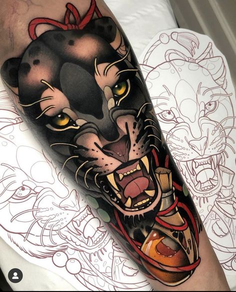 Neo Traditional Panther, Traditional Panther, Traditional Panther Tattoo, Black Panther Tattoo, Funky Tattoos, Panther Tattoo, Tatuaje A Color, Knee Tattoo, New School Tattoo