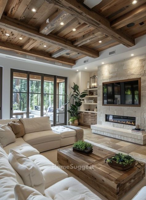 House With Exposed Beams, Living Room Wooden Beams, Living Room With Exposed Beams, Rustic Boho House, Exposed Beams Living Room, Cozy Living Room Sectional, Cozy Sectional Living Room, Living Room With Wood Beams, Wood Beams Living Room