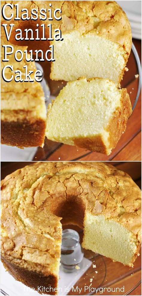 Classic Vanilla Pound Cake whole cake and slice Vanilla Pound Cake Recipe, Classic Pound Cake, Old Fashioned Pound Cake, Southern Pound Cake, Vanilla Pound Cake, Pound Cake Recipes Easy, Southern Desserts, Cream Cheese Pound Cake, Savory Cakes