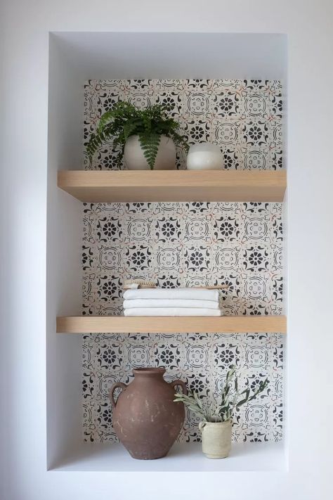 25 Bathroom Shelf Ideas to Keep Your Toiletries Organized Niche Shelf Bathroom, Niche Shelves Bathroom, Bathroom Nook Shelves, Inset Bathroom Shelves, Bathroom Niche Ideas Built Ins, Recessed Bathroom Shelves, Recessed Shelves Bathroom, Over Sink Storage, Decorating Built In Shelves