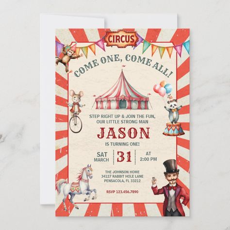 Carnival Birthday Invitations, Carnival Birthday, Turning One, Vintage Circus, First They Came, Circus, Birthday Invitations, Carnival, Created By