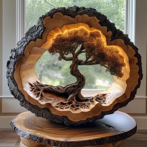 Tree Log Ideas Outdoor, Tree Of Life Wood Carving, Wood Carving Tree Trunk Art, Tree Artwork Sculpture Wood Carvings, Driftwood Projects Sculptures & Statues, Driftwood Art Sculpture, Wood Log Crafts, Wood Carving Art Sculpture, Diy Furniture Building