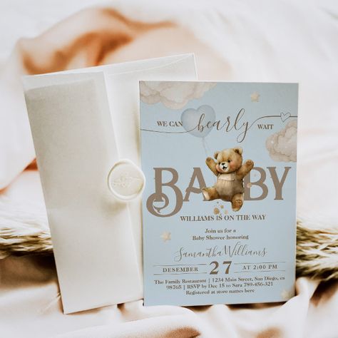 Teddy Bear Bearly Wait Balloon Baby Boy Shower Invitation Teddy Bear Balloon, Watercolor Teddy Bear, Balloon Bear, Baby Boy Invitations, Boy Shower Invitations, Bear Invitations, Baby Teddy, Watercolor Baby Shower, Bearly Wait