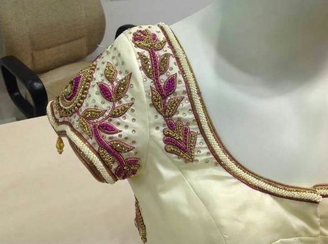 Cream merun Blouse Design Aari Work, Stone Work Blouse, Blouse Maggam Work, Maggam Blouse, Blouse Tops Designs, Maggam Work Blouse, Best Blouse Designs, Aari Designs, Aari Blouse